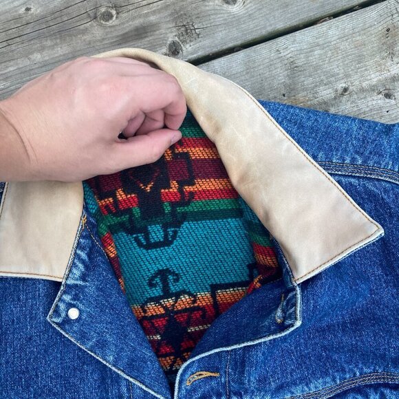 Vintage 1980s Blanket Lined Giordano Aztec Denim Jacket Large - Picture 13 of 14